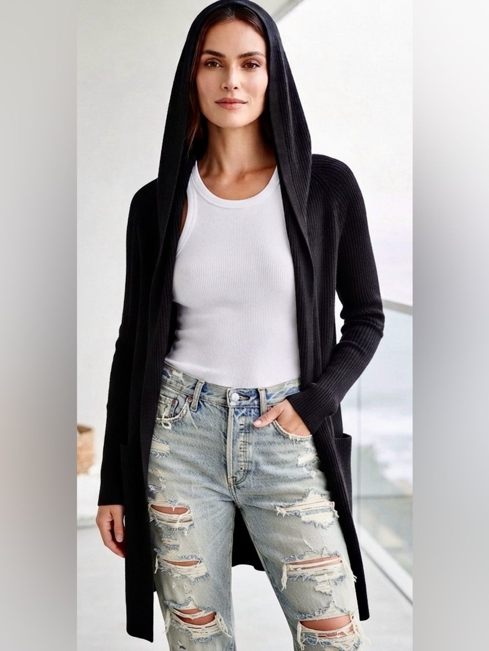 SPLENDID HOODED RIBBED LONG SLEEVE RIBBED COVER UP